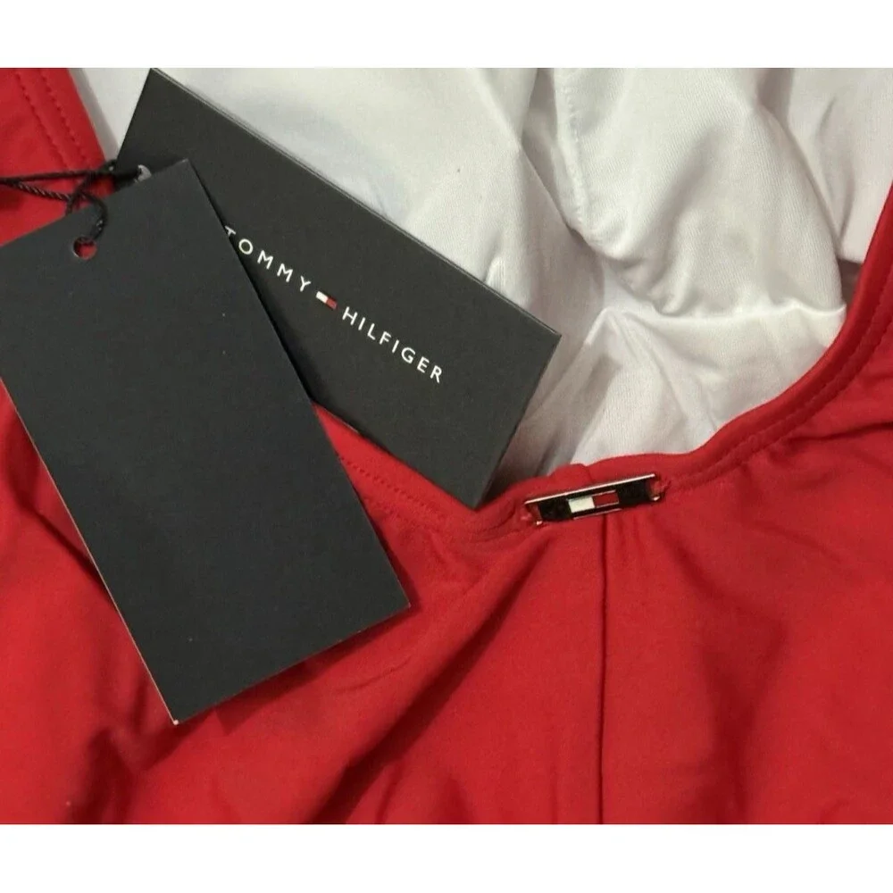 Tommy Hilfiger One Piece High Cut Cheeky Tank 16 NWT Red Ruched UPF Preppy Swim‎
